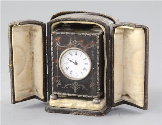 A silver mounted tortoiseshell boudoir timepiece, William Comyns, London 1907, height 9.5cm